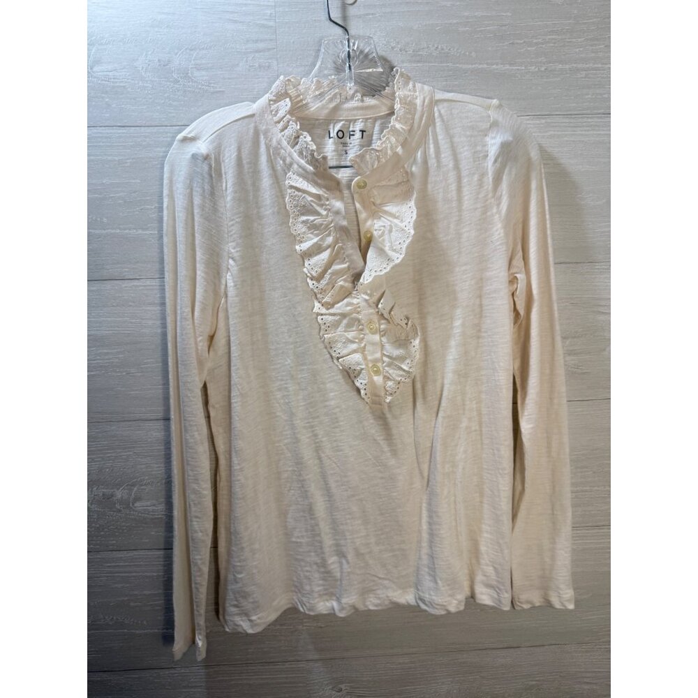 Loft Womens Ivory Long Sleeve Ruffled Button Front Top‎ Size S - Picture 5 of 8